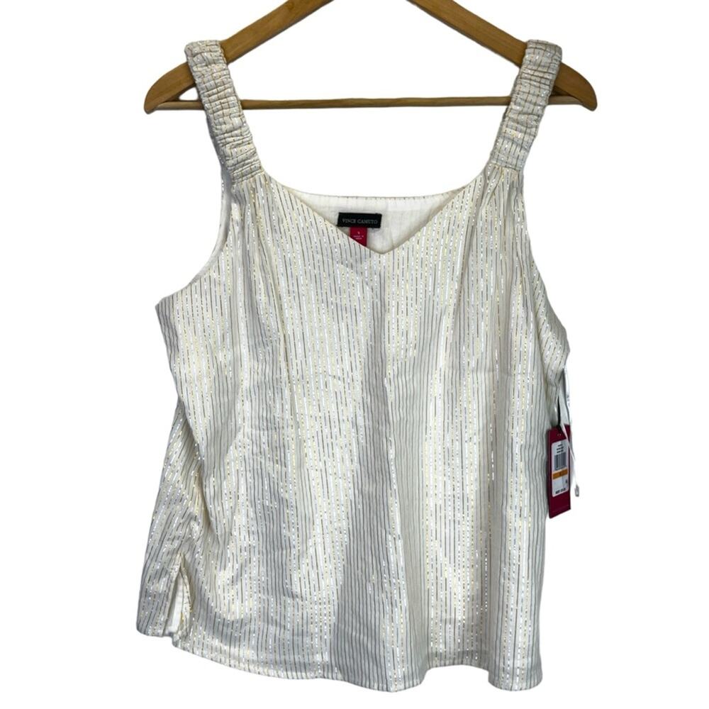 Vince Camuto scrunch strap metallic striped sleeveless blouse white NEW - XS
